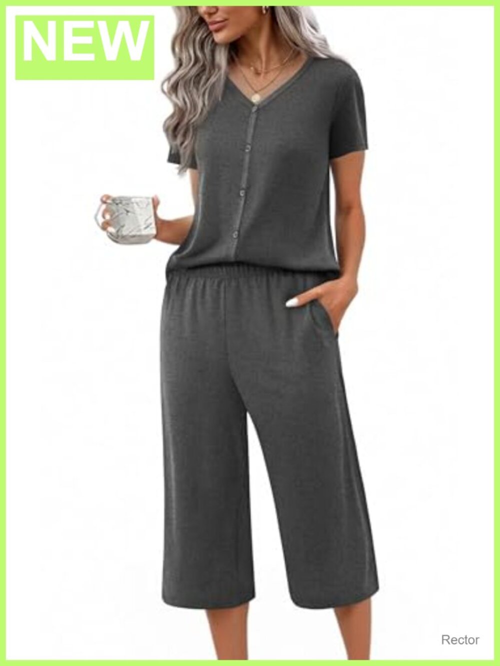 Ekouaer Women's Short Sleeve Pajama Set Button Down Capri Lounge Wear